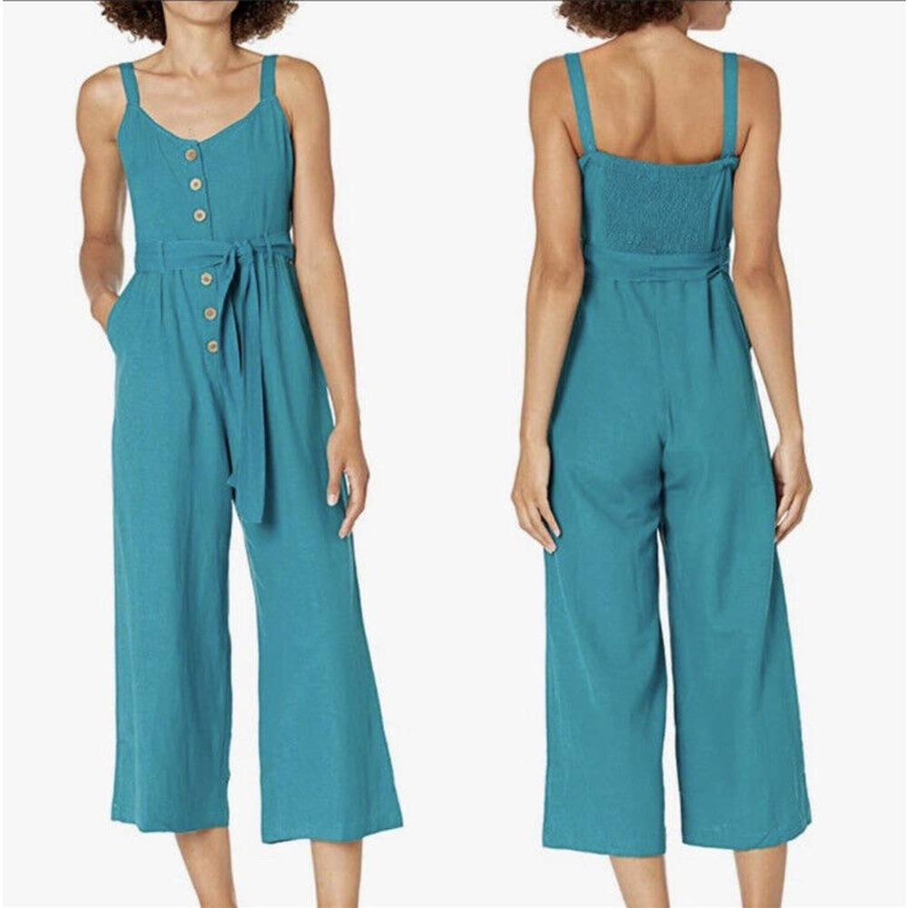 ROXY NWT Mind Trip Jumpsuit Sz S Biscay Bay Teal Waist Tie Smocked Back Linen Bl